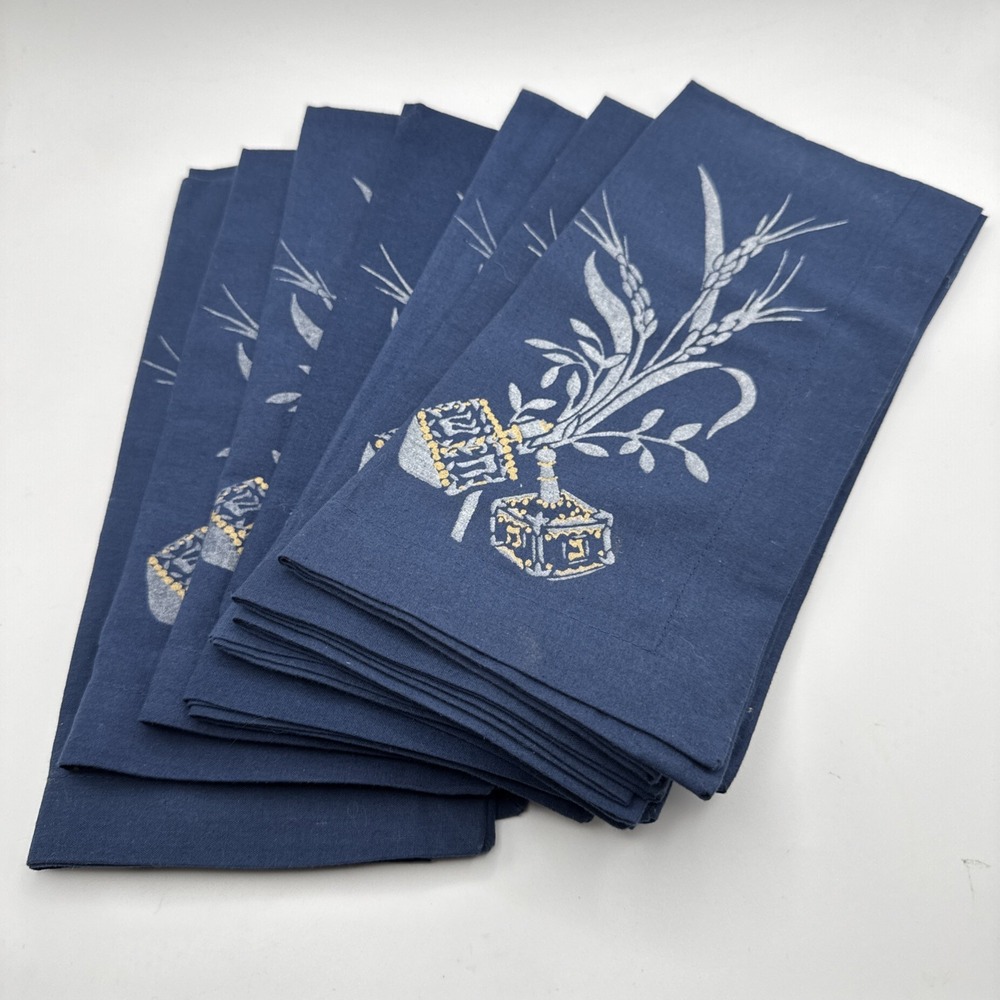 Pottery Barn Hanukkah Cloth Napkins Set Dreidels Blue Silver & Gold 20" Kids